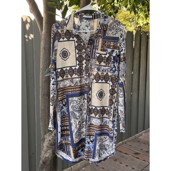 Timing Boho Patchwork Long Sleeve Tunic Button Up - Size L - Picture 1 of 6